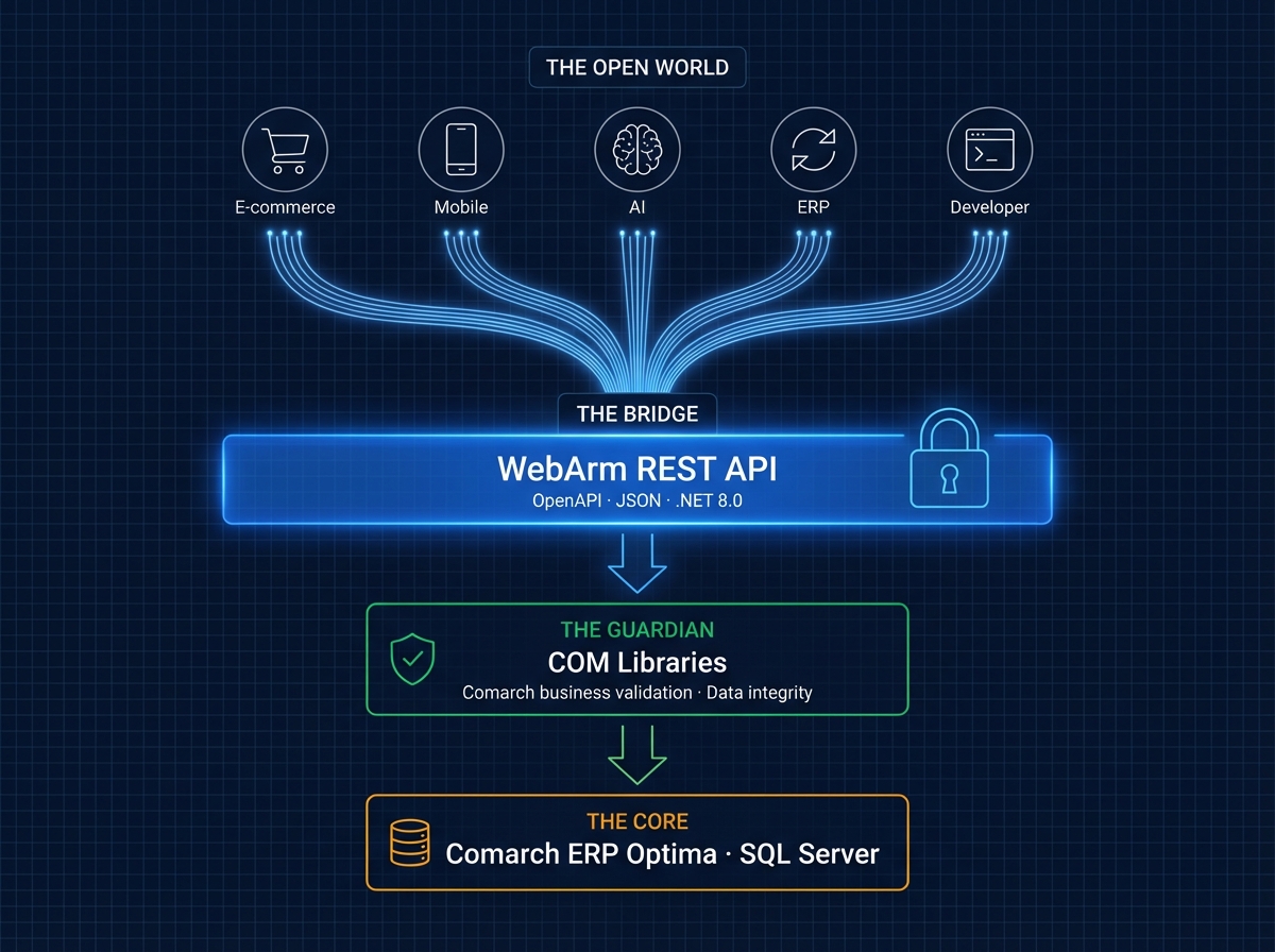 Architektura Optima API — zewnętrzny świat (E-commerce, Mobile, AI, ERP, Developer) → WebArm REST API → 22 COM Libraries → Comarch ERP Optima